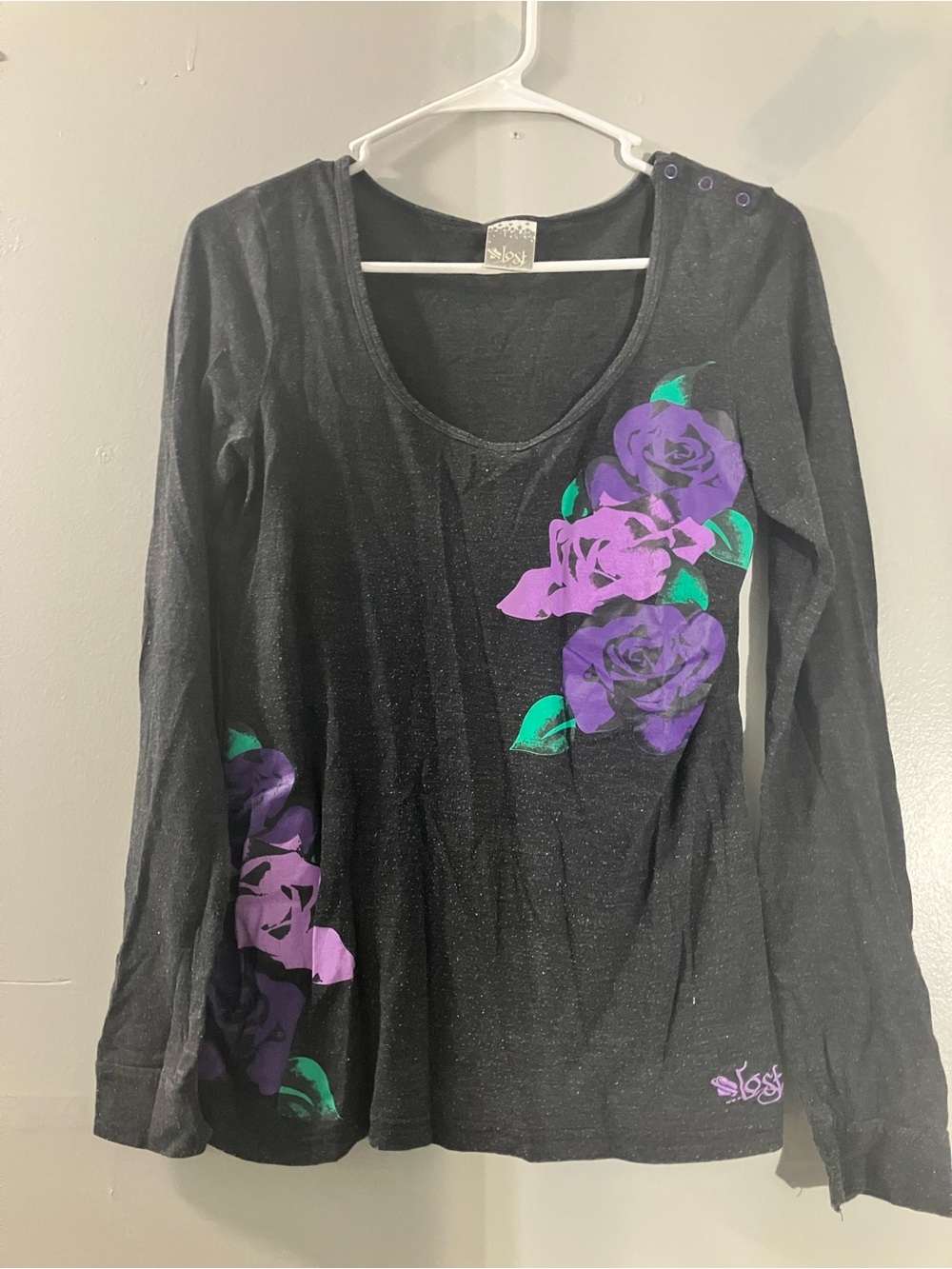 Lost Black Long-Sleeve V-Neck Top with Purple Rose Print